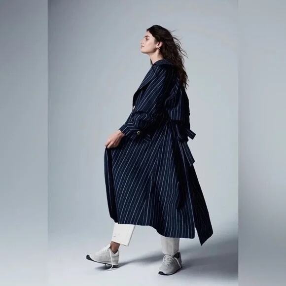 #232 NWT-Free People Linen Blend Blue Striped Melia Mac Trench Coat Sz:M Ret$228 - Picture 2 of 8